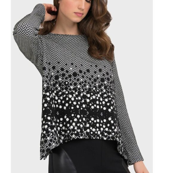 Joseph Ribkoff Size 14 Black White Chevron‎ Print Dotted Side Slits Pullover Top - Picture 1 of 14